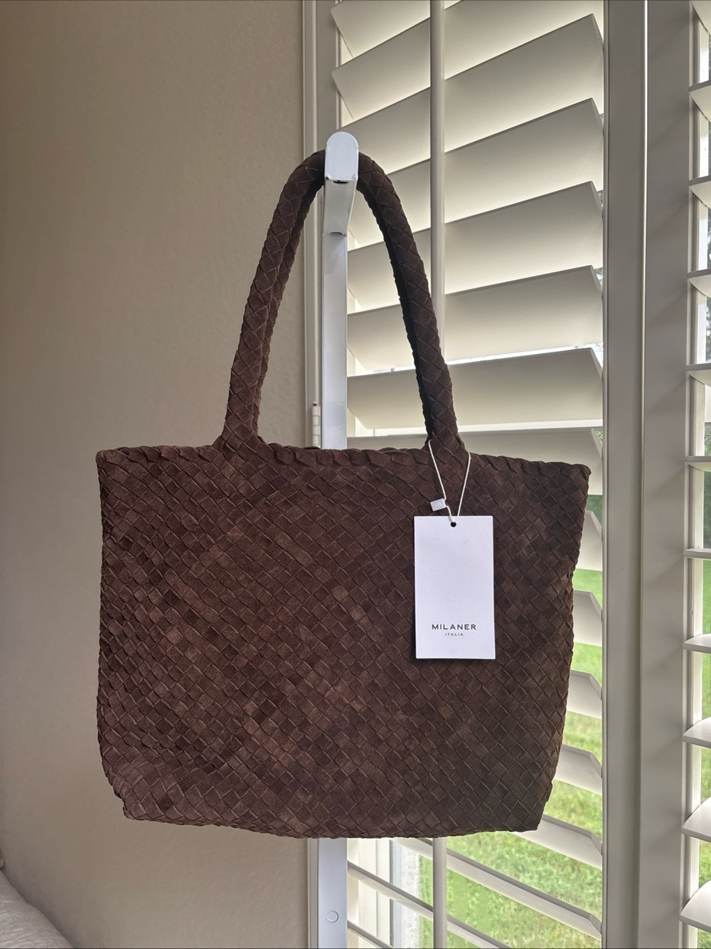 NWT Milaner Mini Elena Woven Handbag Brown Suede 18”